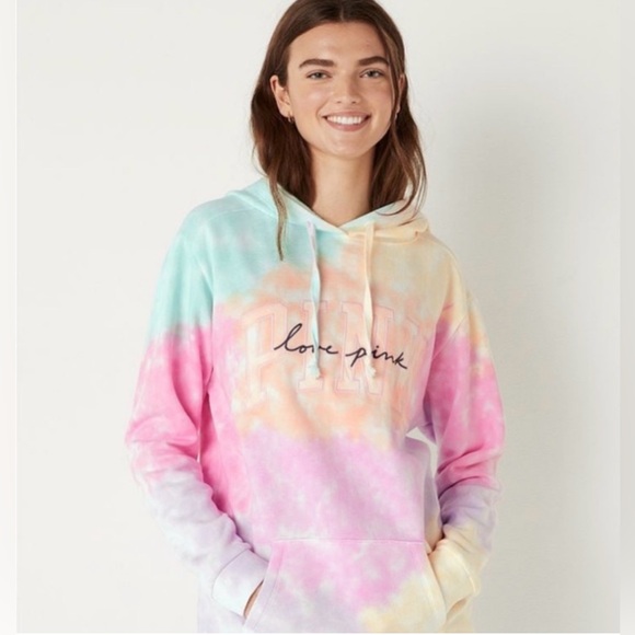 PINK Victoria's Secret Tops - Victoria’s Secret PINK super soft cozy oversized pastel tie dye logo hoody NWT S